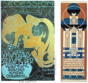 （左）図１：コロマン・モーザー《第5回分離派展ポスター》1899年／（右）図２：コロマン・モーザー《第13回ウィーン分離派展》1902年